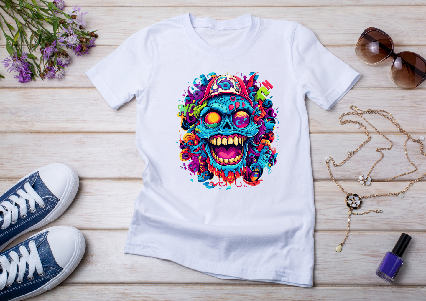 T-shirt Psychedelic Design personnalisé – 100 motifs au choix – Noir ou Blanc