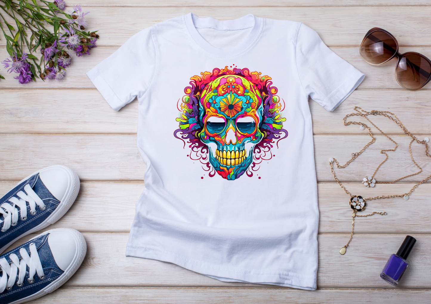 T-shirt Psychedelic Design personnalisé – 100 motifs au choix – Noir ou Blanc