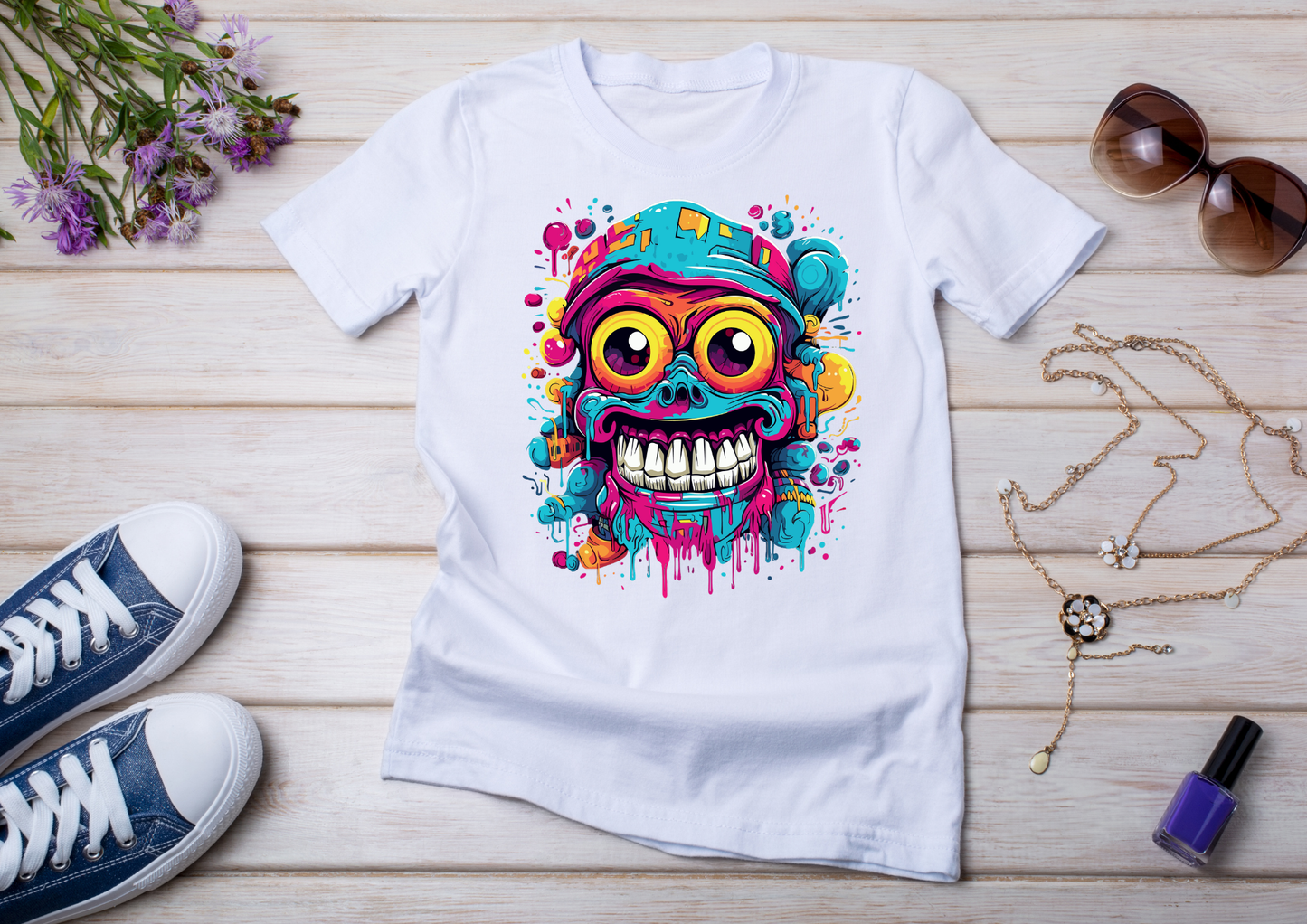 T-shirt Psychedelic Design personnalisé – 100 motifs au choix – Noir ou Blanc