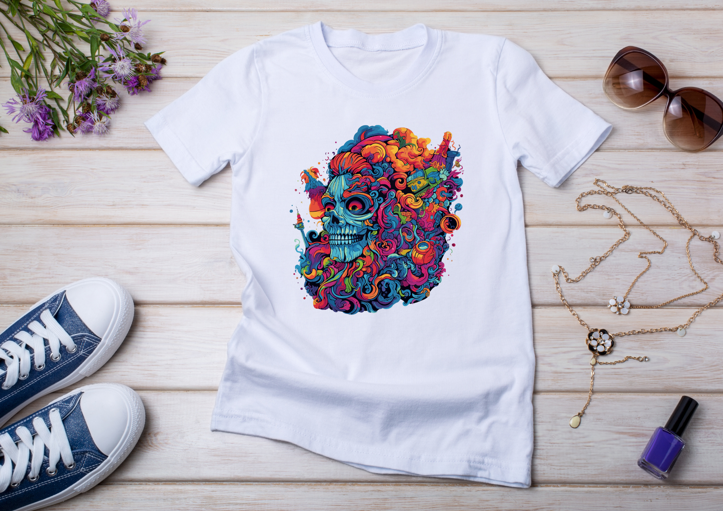 T-shirt Psychedelic Design personnalisé – 100 motifs au choix – Noir ou Blanc