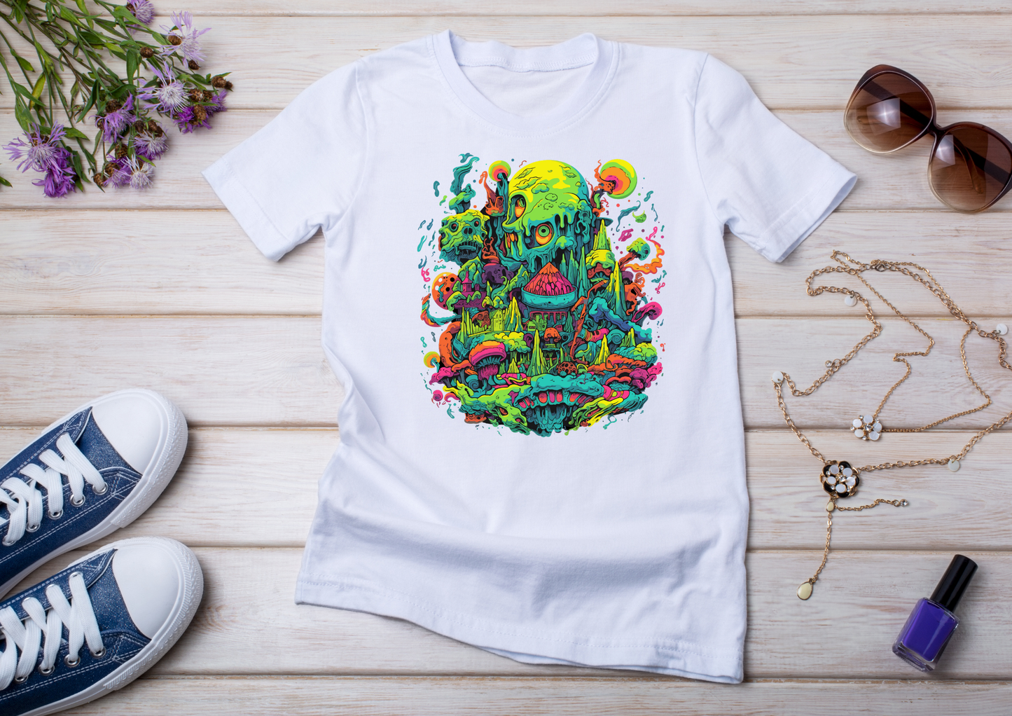 T-shirt Psychedelic Design personnalisé – 100 motifs au choix – Noir ou Blanc