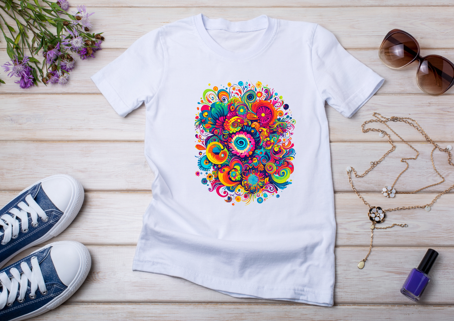 T-shirt Psychedelic Design personnalisé – 100 motifs au choix – Noir ou Blanc