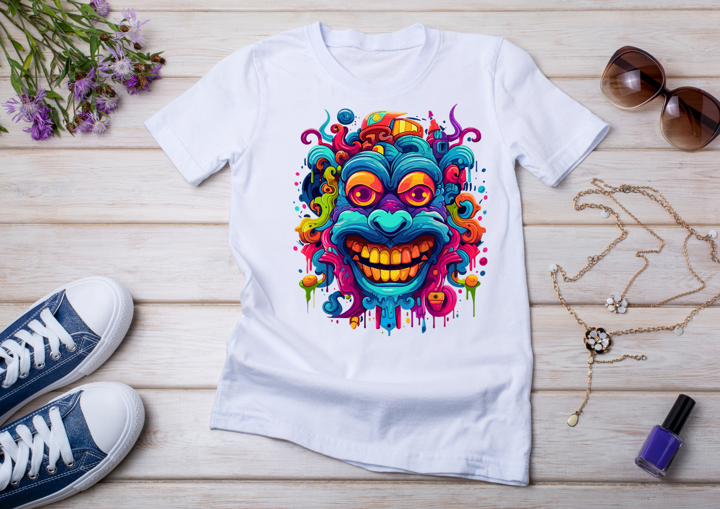 T-shirt Psychedelic Design personnalisé – 100 motifs au choix – Noir ou Blanc