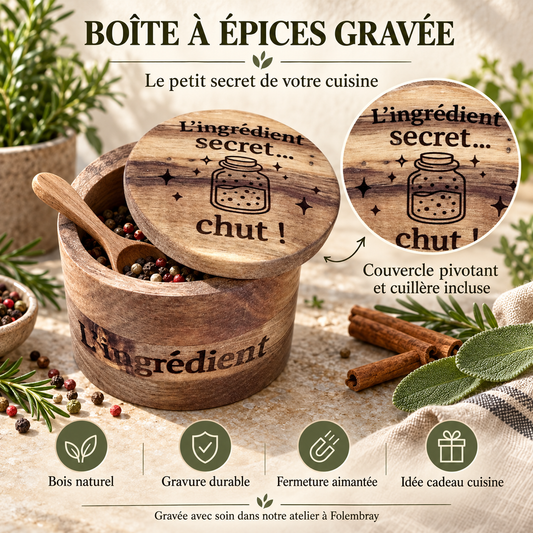 Boîte à épices en bois gravée avec couvercle pivotant et cuillère