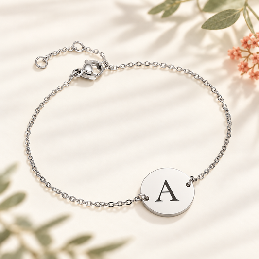 Bracelet argenté personnalisé avec lettre majuscule élégante gravée
