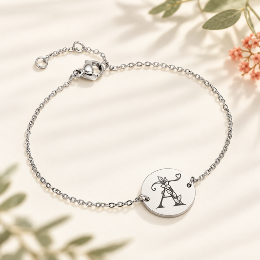 Bracelet argenté personnalisé avec lettre florale gravée