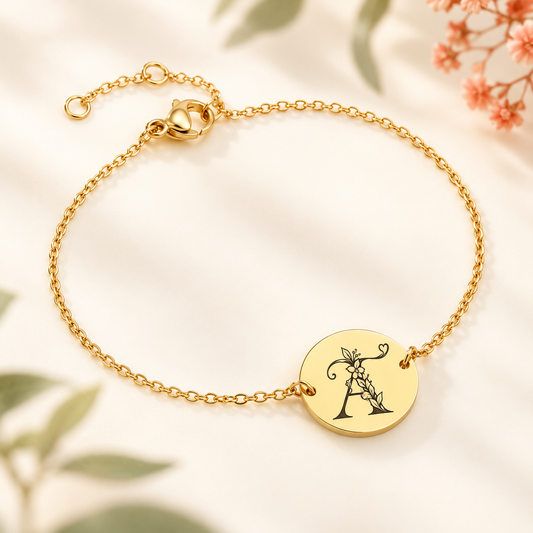 Bracelet doré personnalisé avec lettre florale gravée