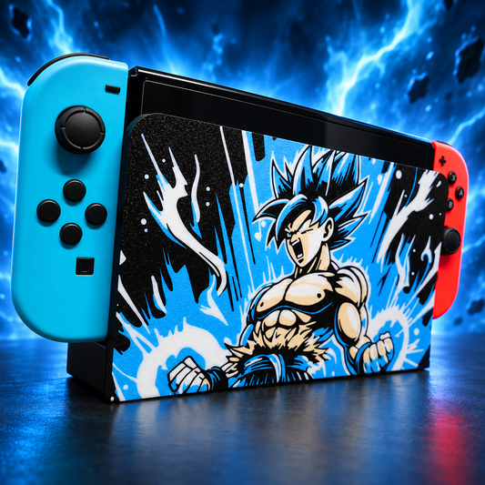 Cache Dock Nintendo Switch – Design Guerrier Bleu Énergétique – rendu réaliste du modèle exact