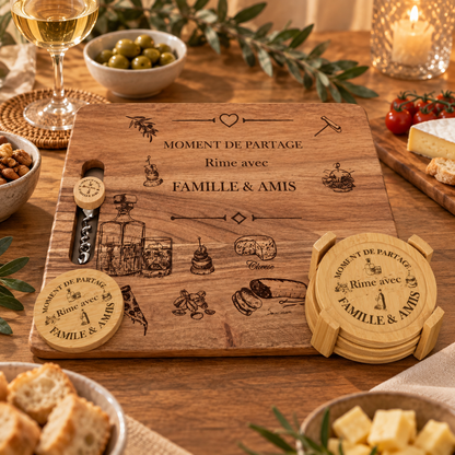 Coffret cadeau avec planche apéritive gravée, sous-verres et tire-bouchon