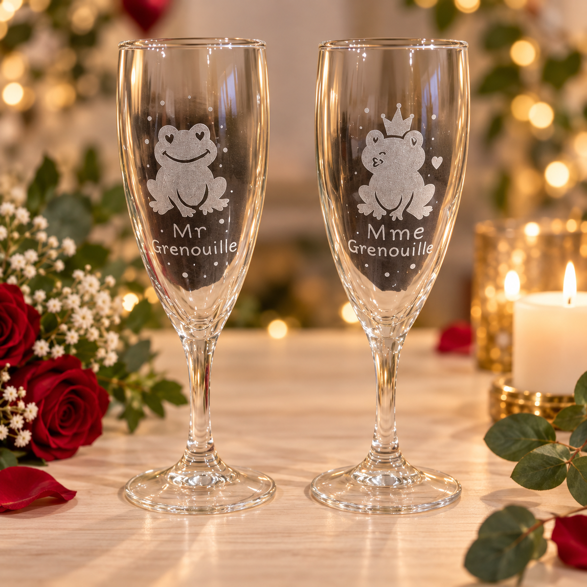 Coffret de deux verres gravés Mr et Mme Grenouille