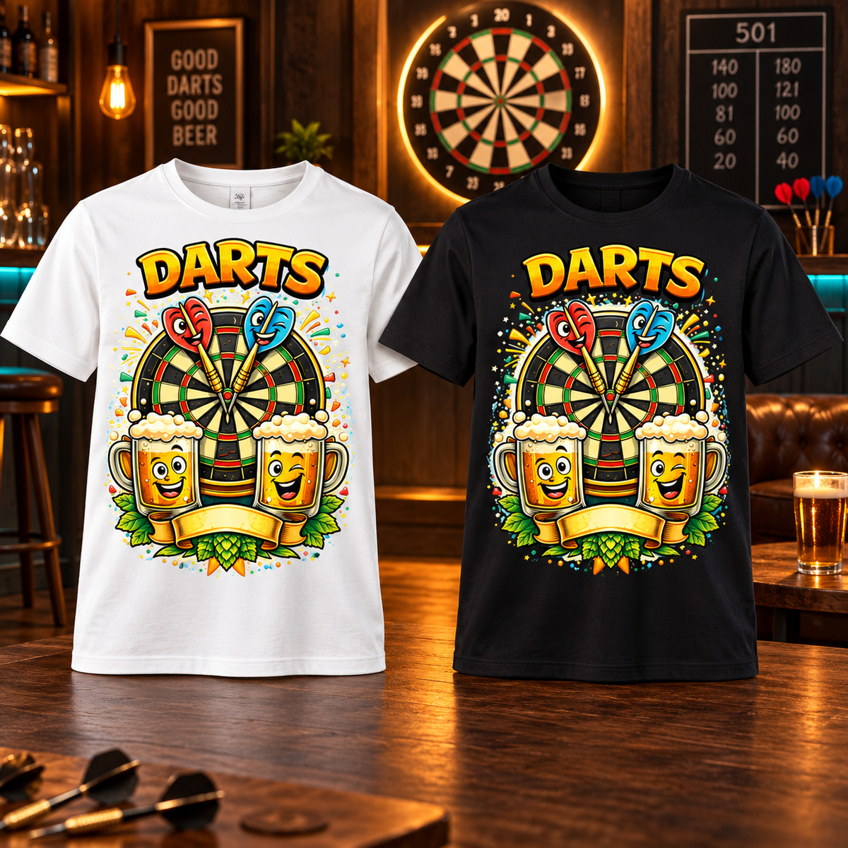 Présentation premium T-shirts DARTS ambiance fléchettes et apéro