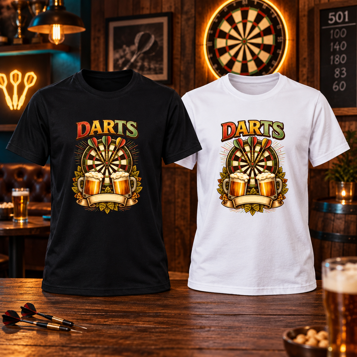 Présentation premium T-shirts DARTS Cible et Bières