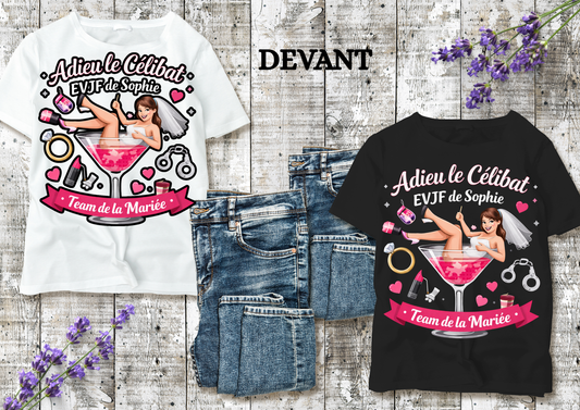 💄 T-shirt EVJF Personnalisé – Adieu le Célibat | Team de la Mariée