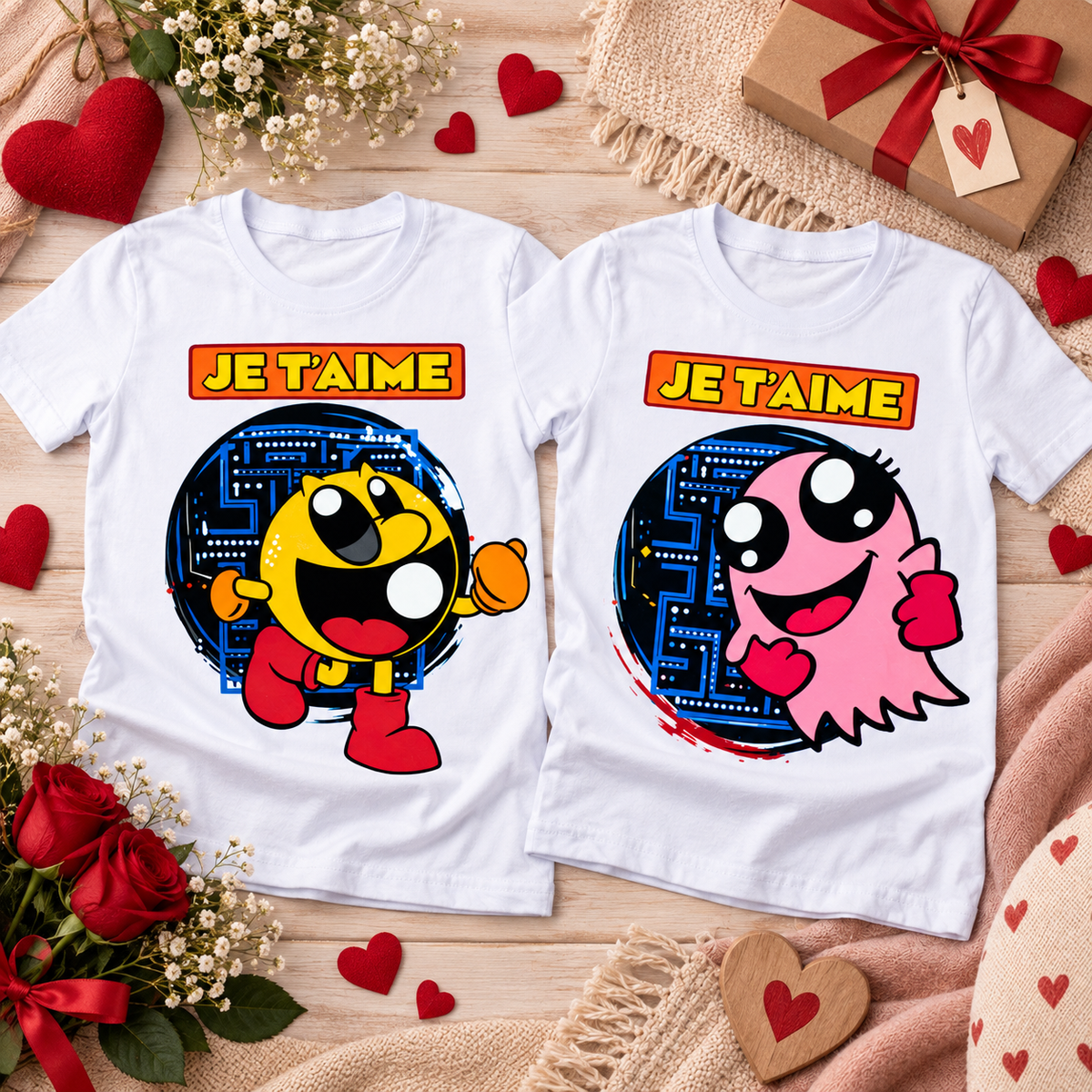 Duo de T-shirts couple Je t’aime gaming rétro