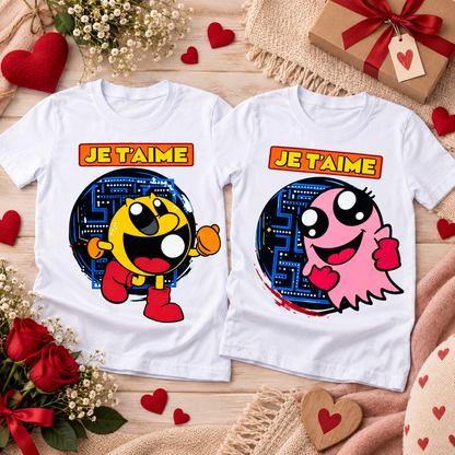 Duo de T-shirts couple Je t’aime gaming rétro