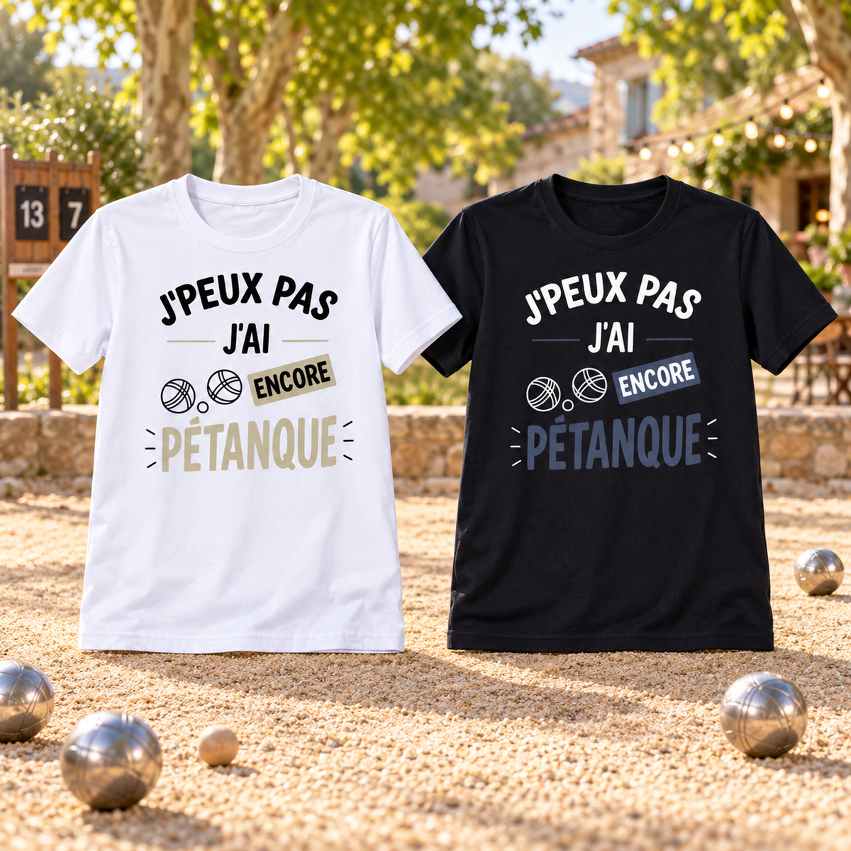 Présentation premium des T-shirts J’peux pas, j’ai encore pétanque