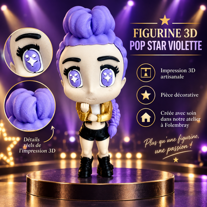 Figurine 3D pop star violette avec veste dorée