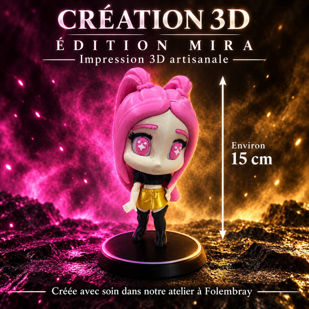 Figurine Mira – création 3D artisanale avec socle de présentation, environ 15 cm