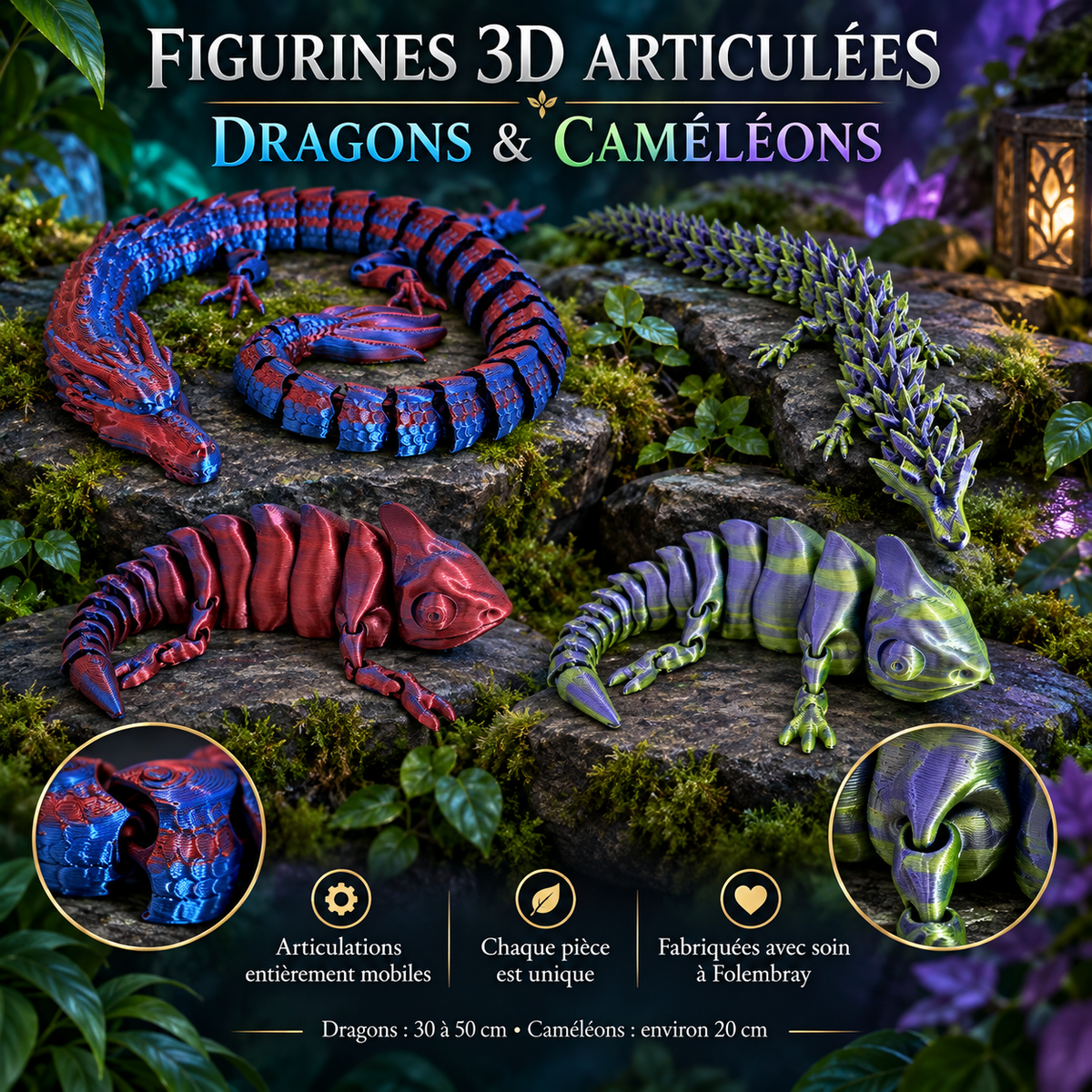 Figurines 3D articulées – dragons et caméléons fabriqués à Folembray