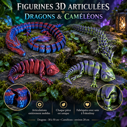 Figurines 3D articulées – dragons et caméléons fabriqués à Folembray