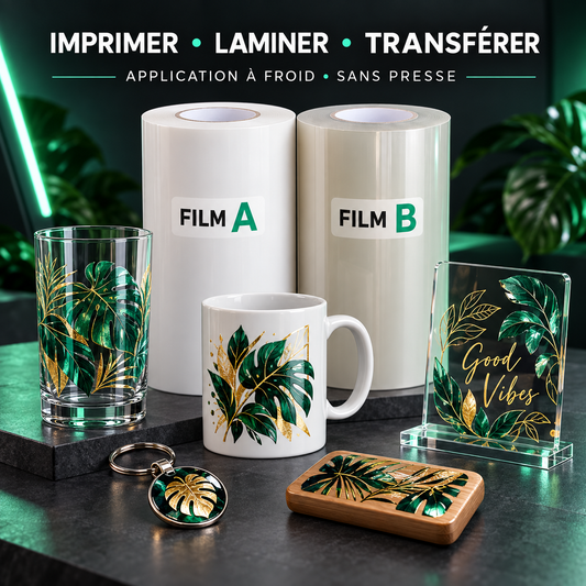 Films A et B UV DTF pour application à froid sur supports rigides