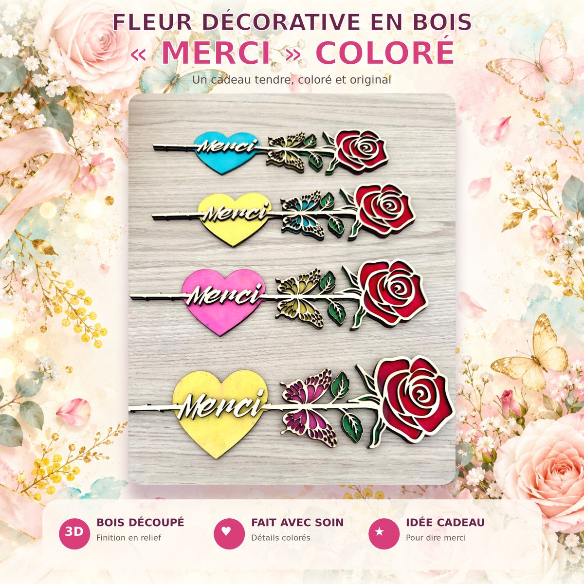 Fleur décorative en bois Merci coloré – idée cadeau
