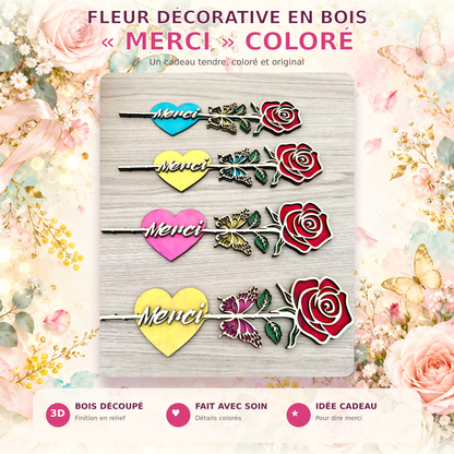 Fleur décorative en bois Merci coloré – idée cadeau