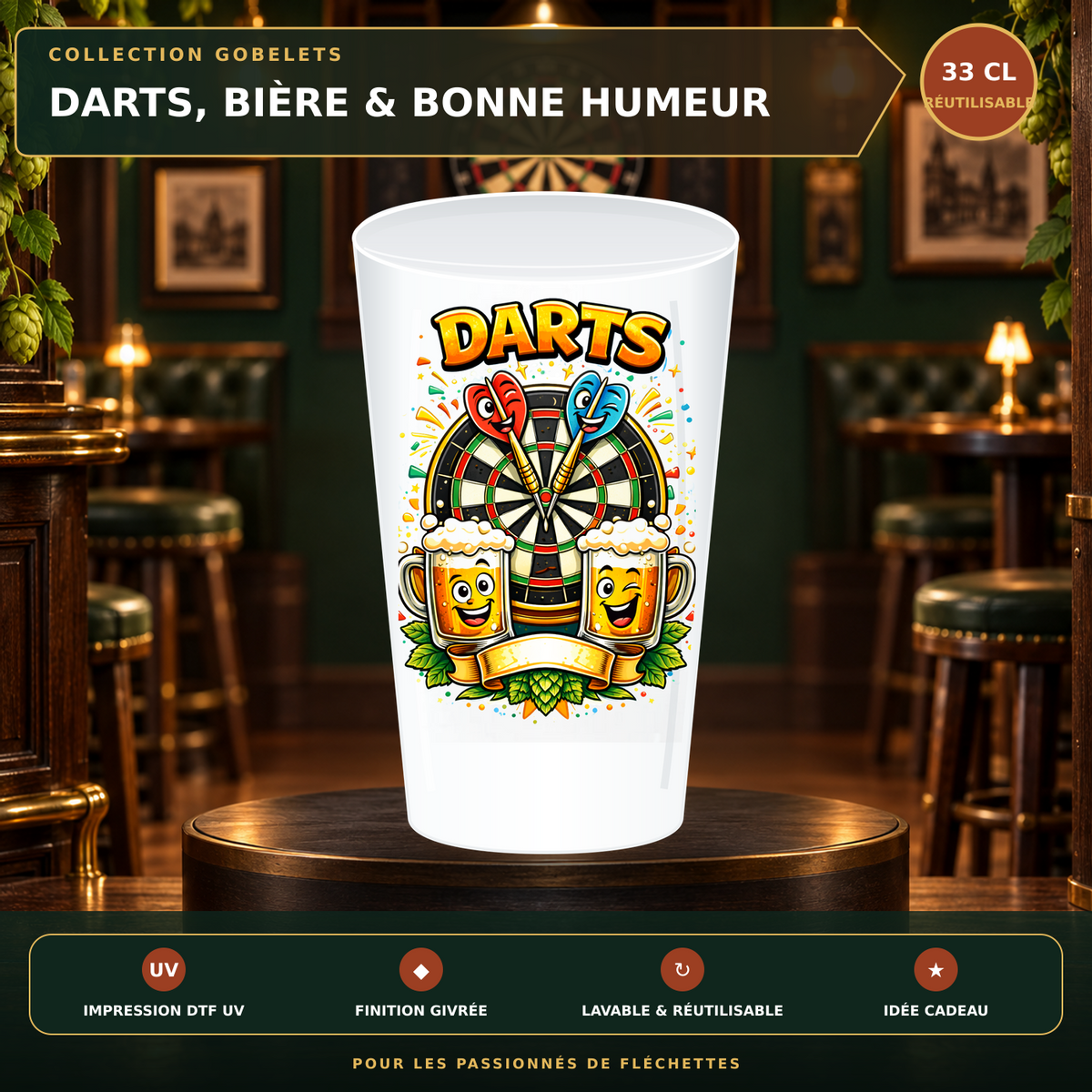Présentation premium Gobelet fléchettes humoristique – DARTS & BIÈRE