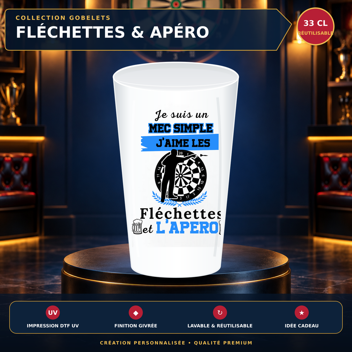 Présentation premium Gobelet apéro fléchettes – Je suis un mec simple, j’aime les fléchettes et l’apéro