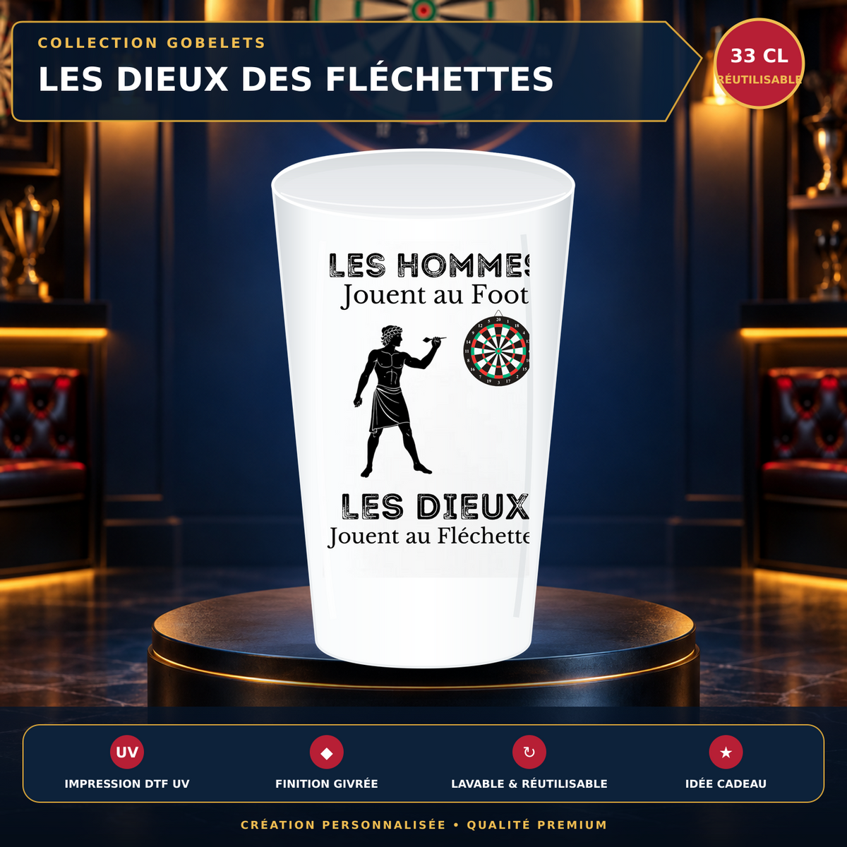 Présentation premium Gobelet humour fléchettes – Les Dieux jouent aux fléchettes