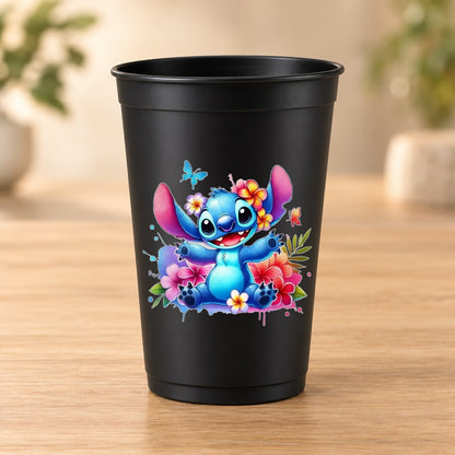Gobelet noir Love & Fun centré - Stitch fleuri arc-en-ciel