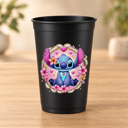 Gobelet noir Love & Fun centré - Stitch rose glitter dans un cœur