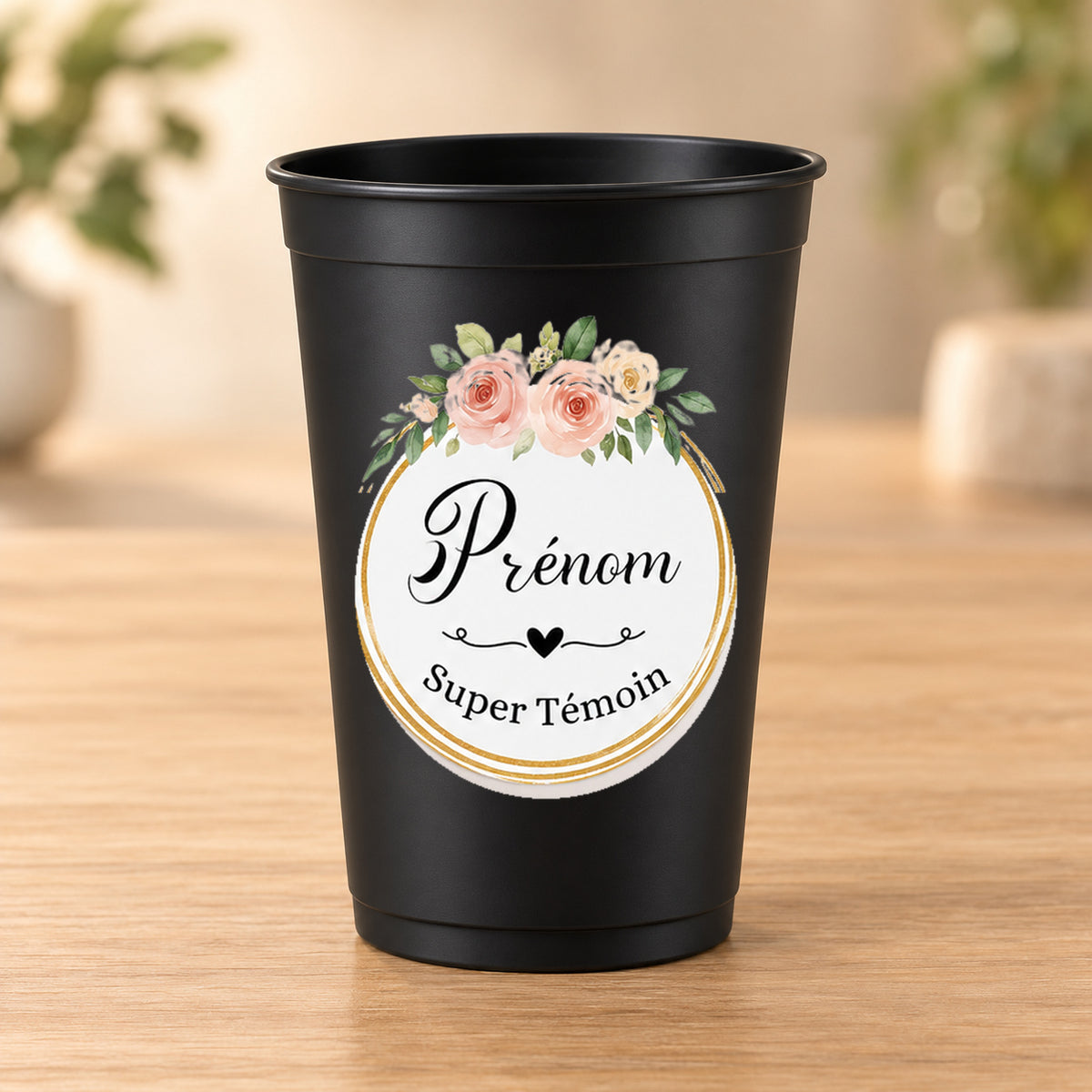 Gobelet noir Prénom plus Super Témoin avec motif original exact