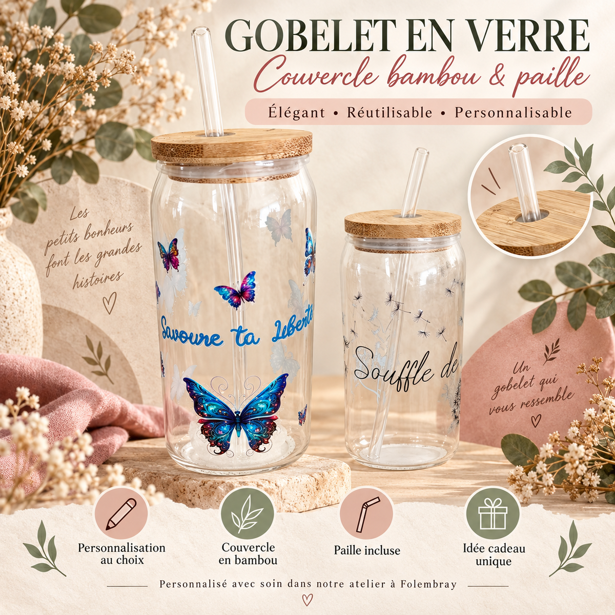 Gobelet en verre personnalisé avec couvercle en bambou et paille