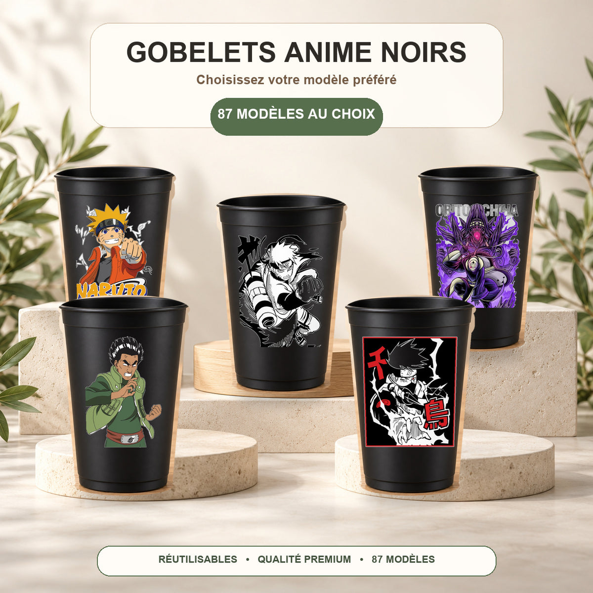 Gobelets Anime noirs – 87 modèles au choix