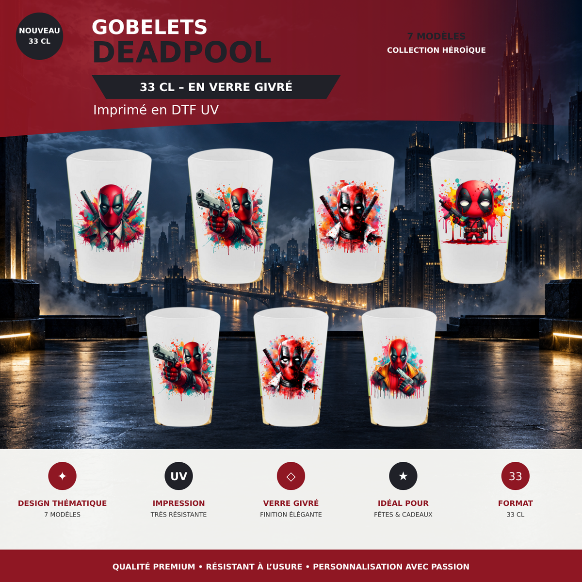 Présentation 🥤 Gobelet Réutilisable Deadpool – Édition Splash Art sans cadres