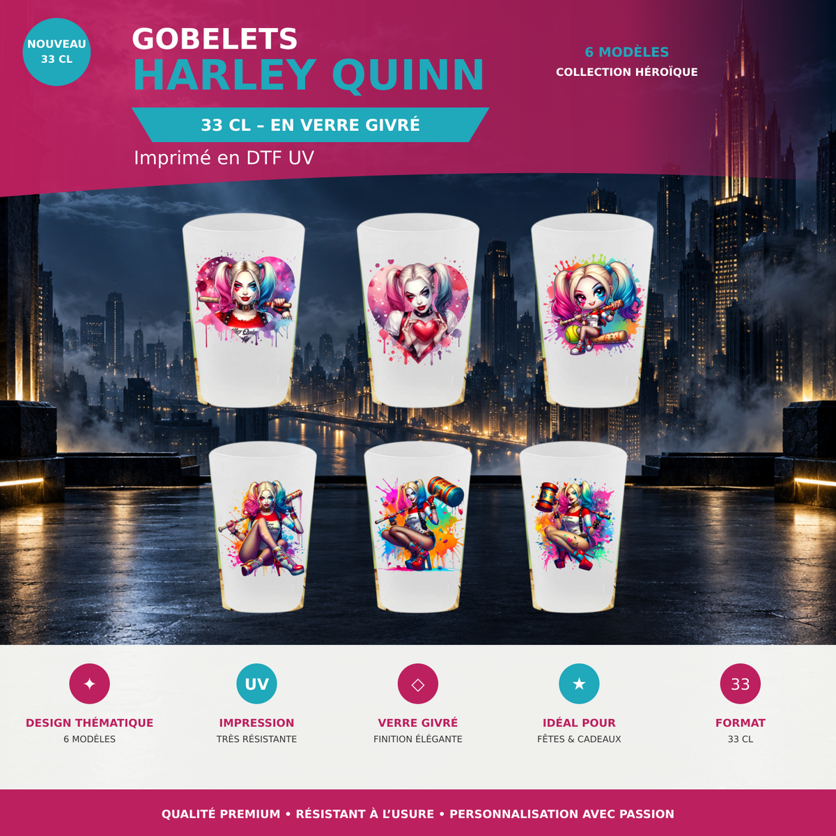 Présentation 🥤 Verre réutilisable Harley Quinn – Collection Super-Héros ⚡ sans cadres