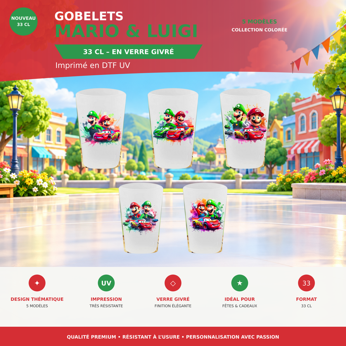 Présentation Gobelet Réutilisable Enfant – Mario, Luigi & Cars sans cadres