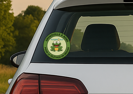 🐸💛 Sticker “Grenouille à Bord – Pour le Téléthon on s’bouge !” – Version Verte