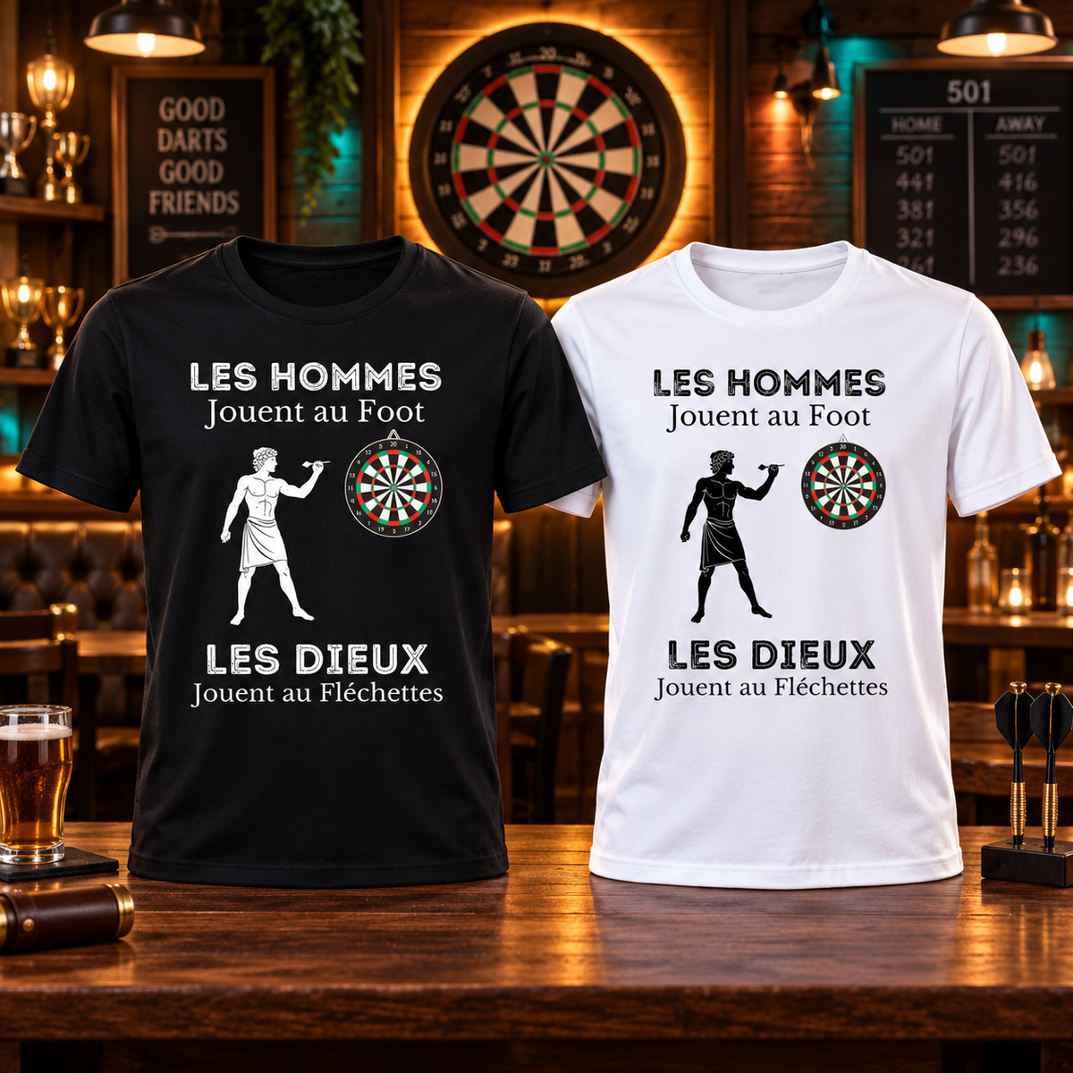 Présentation premium T-shirts Les hommes jouent au foot les dieux aux fléchettes