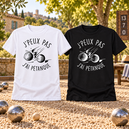 Présentation premium des T-shirts J’peux pas j’ai pétanque, boules en mouvement