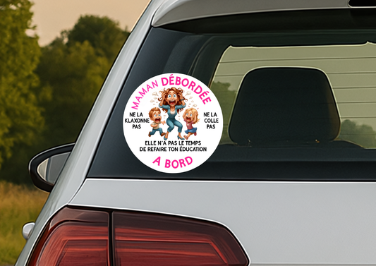 🚗😅 Car Sticker – “OVERWHELMED MOM ON BOARD” – Humor & Reality