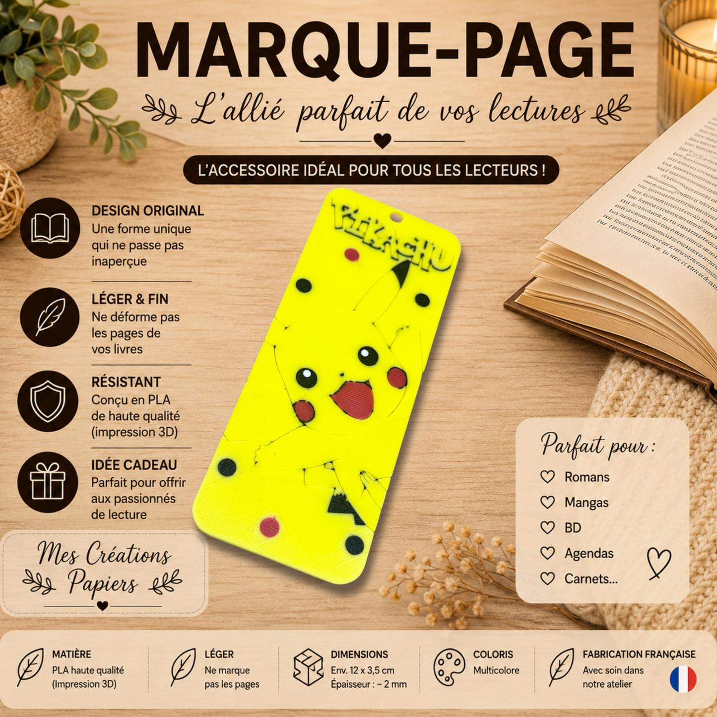 Marque-page Pikachu – Impression 3D colorée
