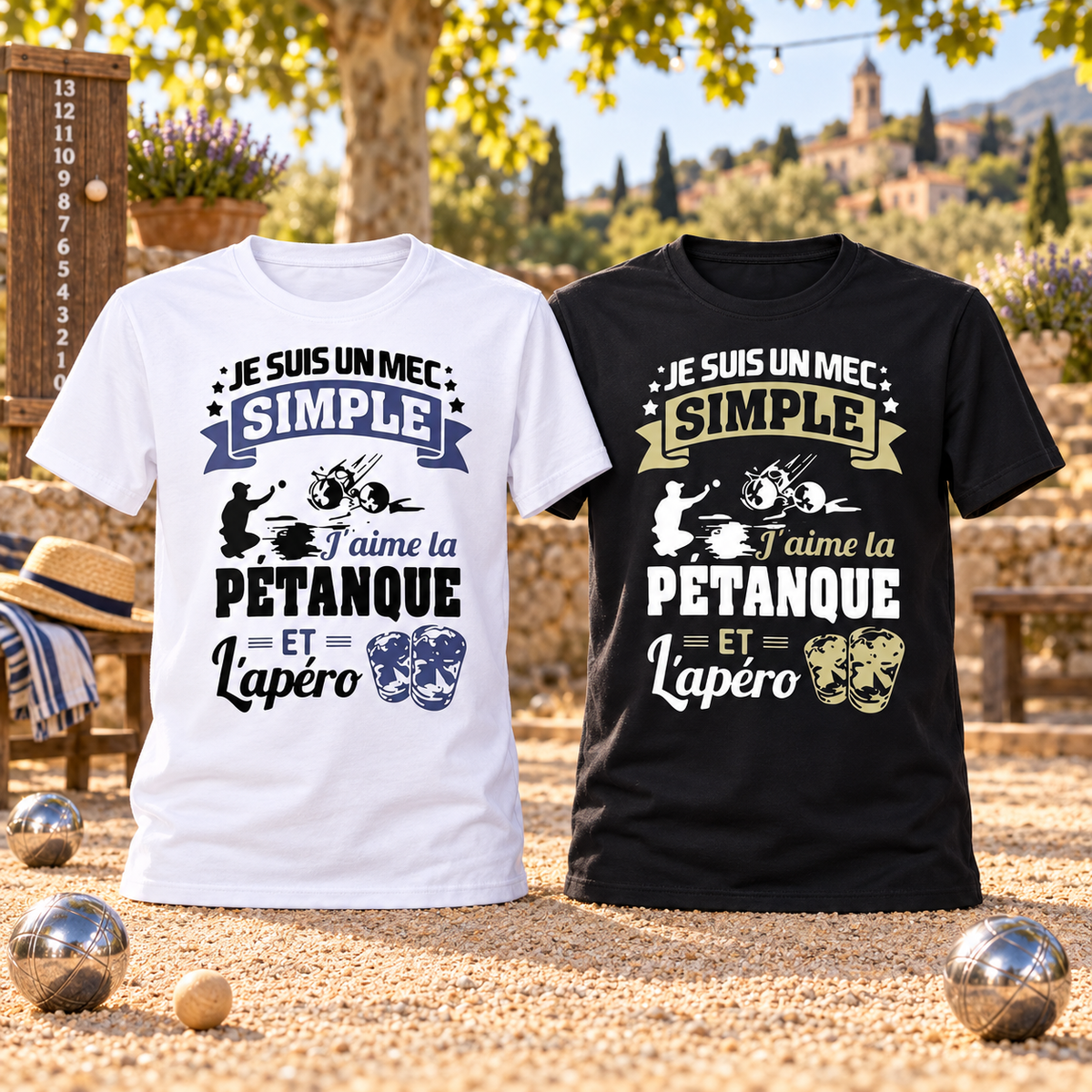 Présentation premium des T-shirts blanc et noir Je suis un mec simple, pétanque et apéro