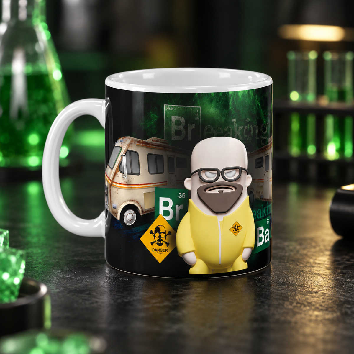 Mug inspiré de Breaking Bad présenté dans une ambiance de laboratoire