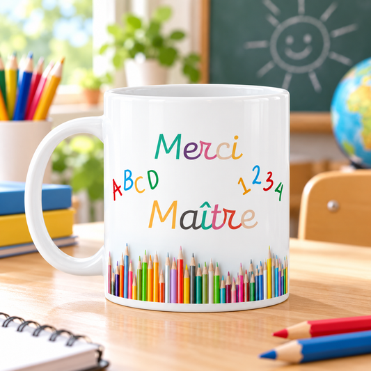 Mug Merci Maître sur un bureau d’école