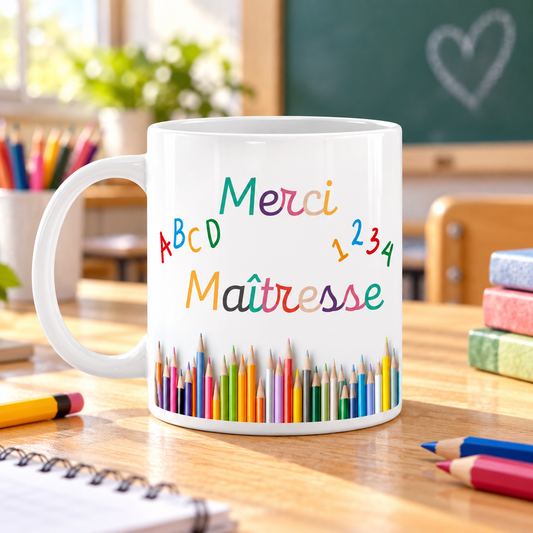 Mug Merci Maîtresse sur un bureau d’école