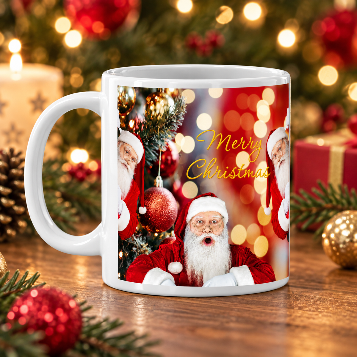 Mug Merry Christmas présenté dans une ambiance festive