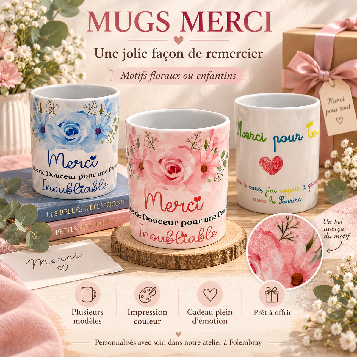 Mugs Merci personnalisés avec motifs floraux ou enfantins