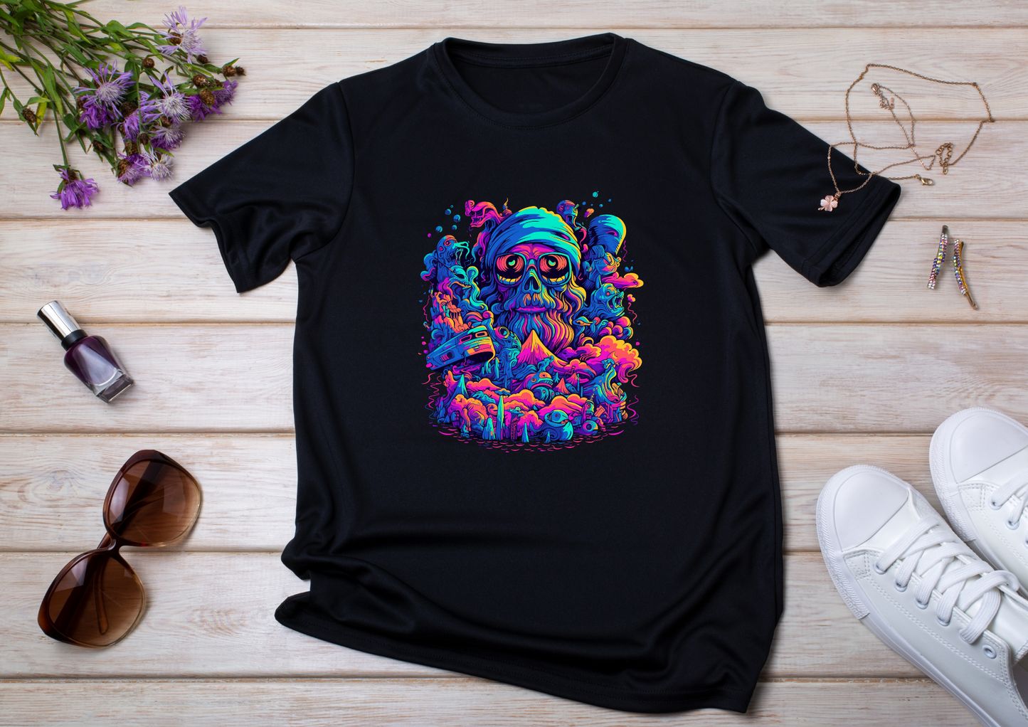 T-shirt Psychedelic Design personnalisé – 100 motifs au choix – Noir ou Blanc